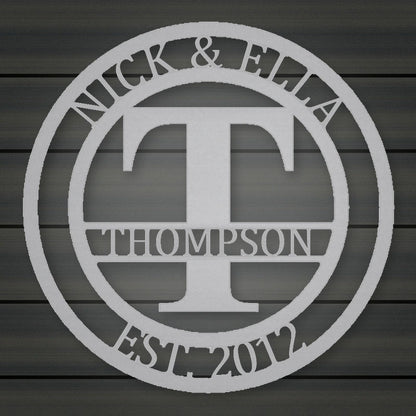 Round Monogram With Top Personalization And Est Date shown in Metallic Silver powder coat finish.