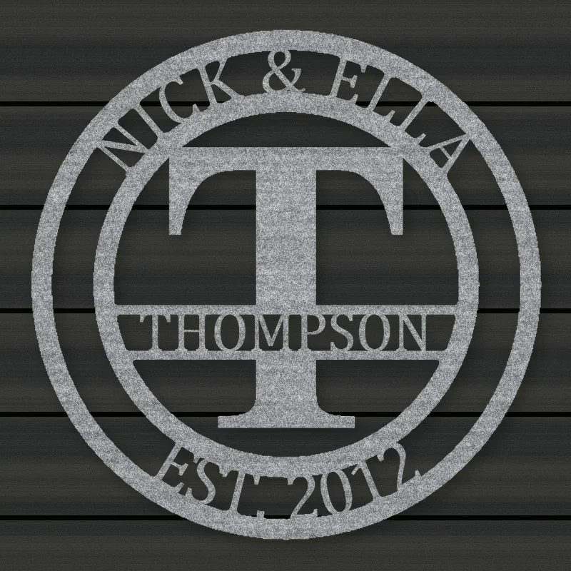 Round Monogram With Top Personalization And Est Date Raw Steel / Rust animated finish preview Shopify Ready.