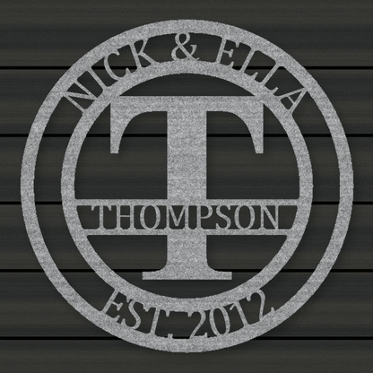 Round Monogram With Top Personalization And Est Date Raw Steel / Rust animated finish preview Shopify Ready.