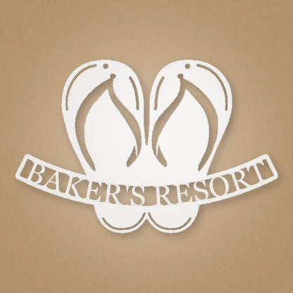 Flip Flop Personalized Beach House Metal Sign shown in Gloss White powder coat finish.