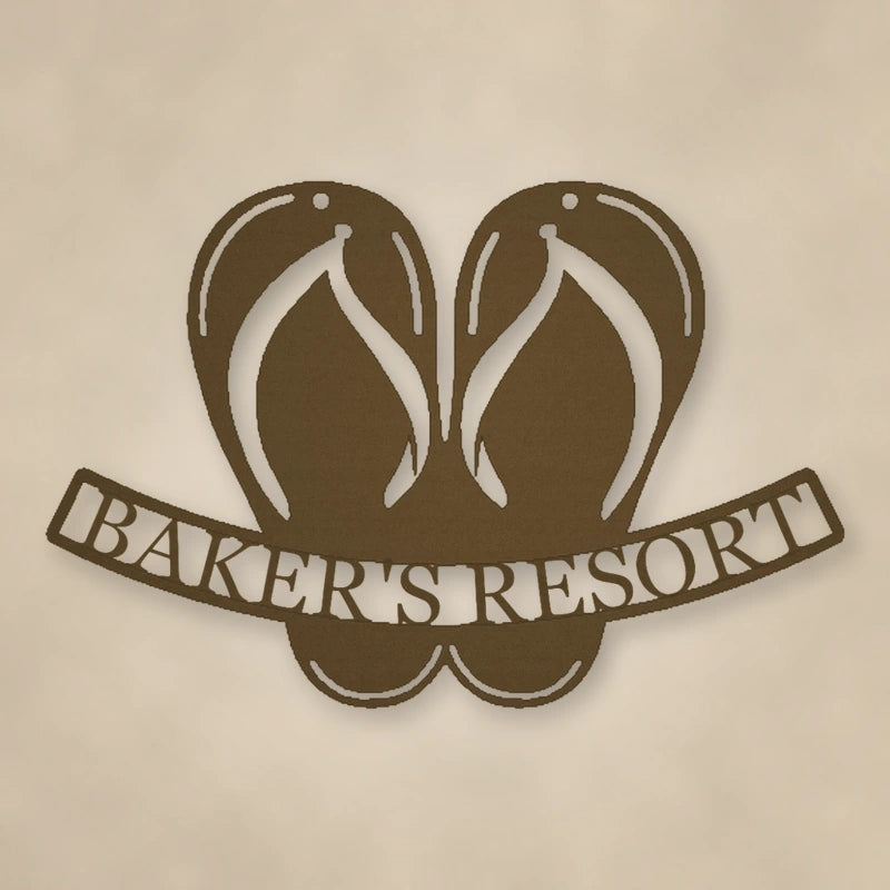Flip Flop Personalized Beach House Metal Sign shown in Metallic Bronze powder coat finish.