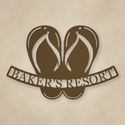 Flip Flop Personalized Beach House Metal Sign shown in Metallic Bronze powder coat finish.