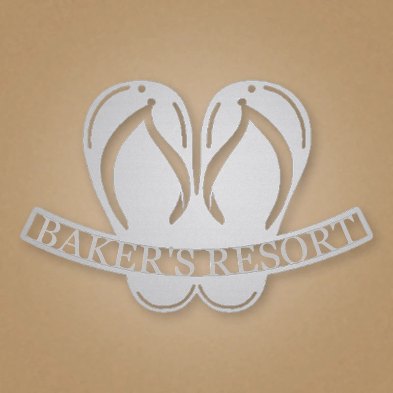 Flip Flop Personalized Beach House Metal Sign shown in Metallic Silver powder coat finish.