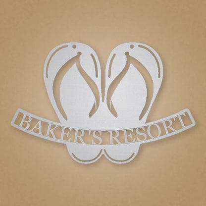 Flip Flop Personalized Beach House Metal Sign shown in Metallic Silver powder coat finish.