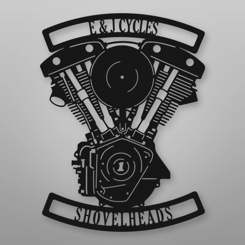 Personalized Shovelhead Engine Metal Garage Sign shown in Matte Black powder coat finish.