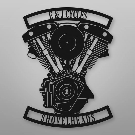 Personalized Shovelhead Engine Metal Garage Sign shown in Matte Black powder coat finish.