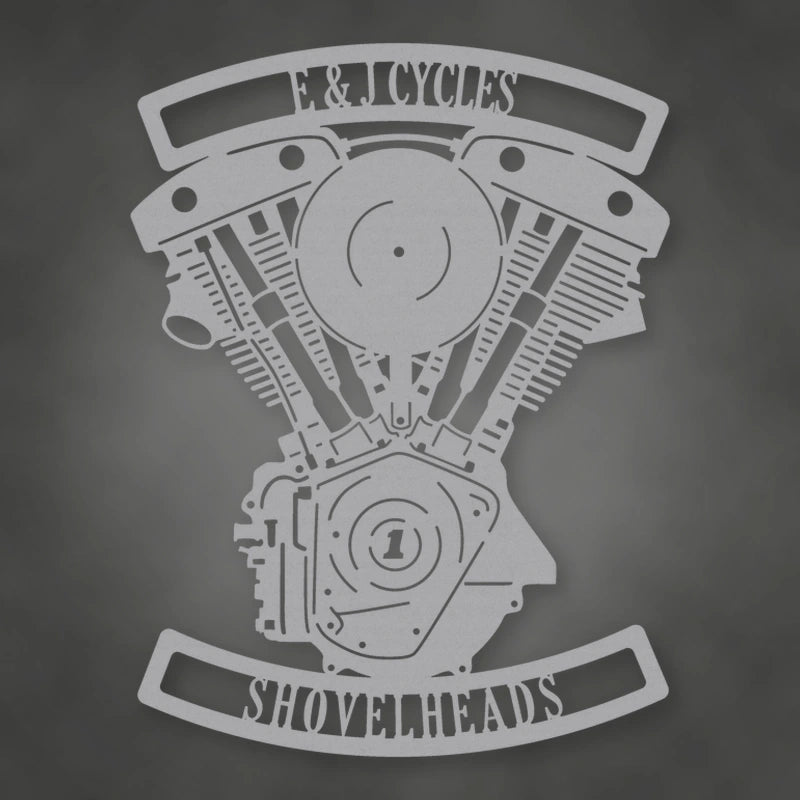 Personalized Shovelhead Engine Metal Garage Sign shown in Metallic Silver powder coat finish.