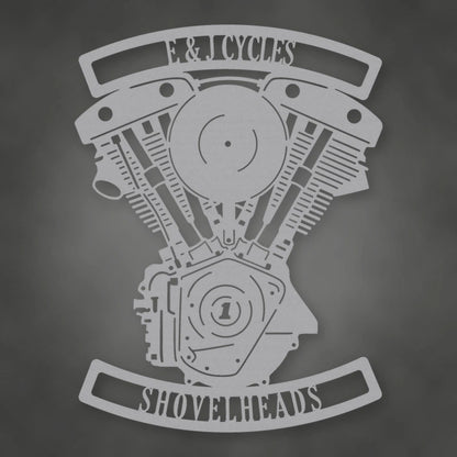 Personalized Shovelhead Engine Metal Garage Sign shown in Metallic Silver powder coat finish.