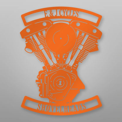 Personalized Shovelhead Engine Metal Garage Sign shown in Orange powder coat finish.