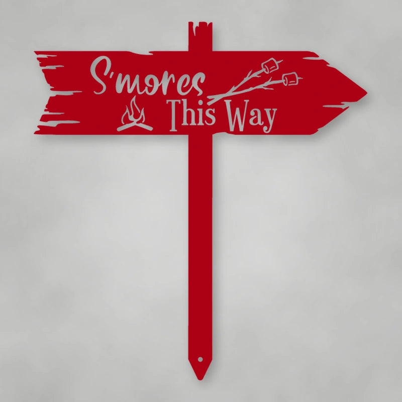 S'Mores This Way Metal Sign shown in Gloss Red powder coat finish.