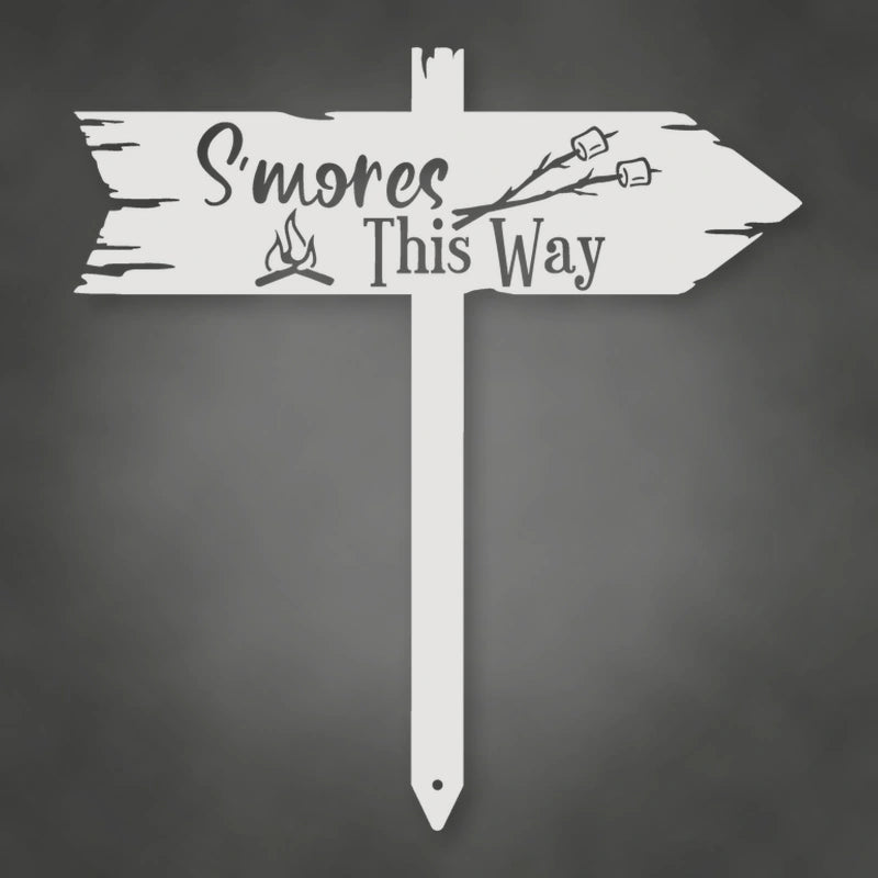 S'Mores This Way Metal Sign shown in Gloss White powder coat finish.