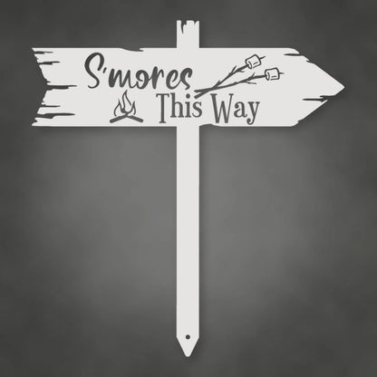 S'Mores This Way Metal Sign shown in Gloss White powder coat finish.
