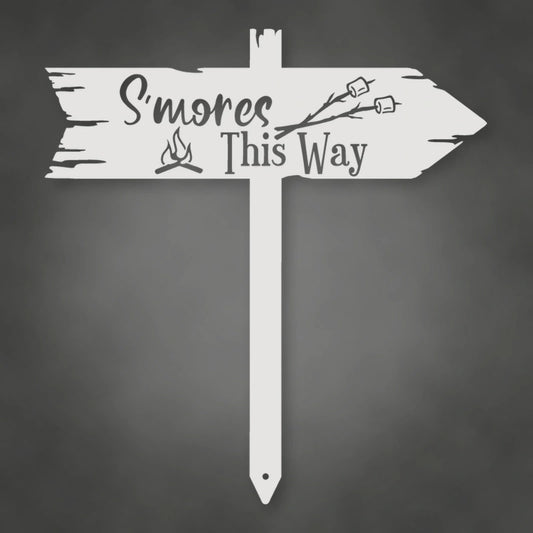 S'Mores This Way Metal Sign shown in Gloss White powder coat finish.