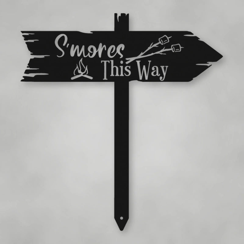 S'Mores This Way Metal Sign shown in Matte Black powder coat finish.