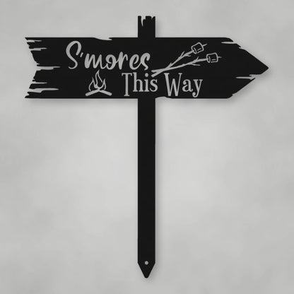 S'Mores This Way Metal Sign shown in Matte Black powder coat finish.