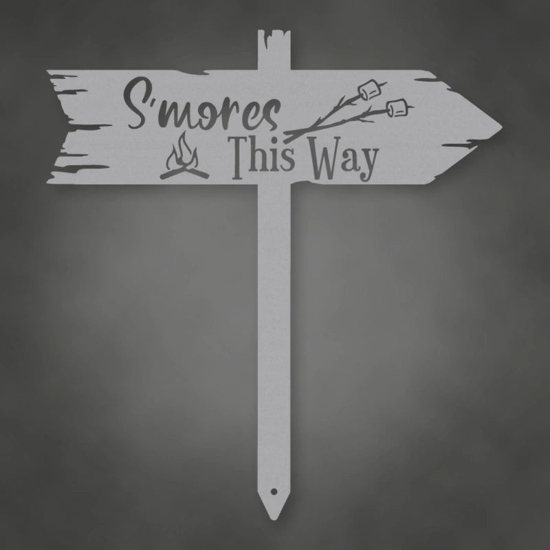 S'Mores This Way Metal Sign shown in Metallic Silver powder coat finish.