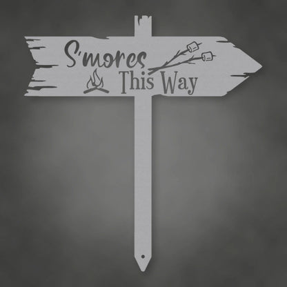 S'Mores This Way Metal Sign shown in Metallic Silver powder coat finish.