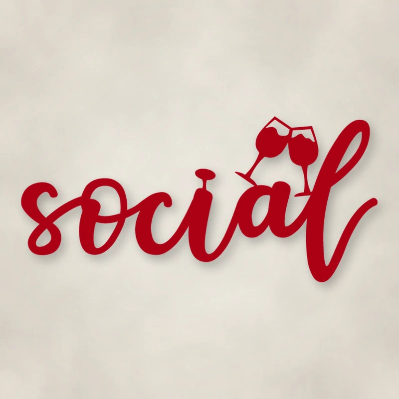 Social With Glasses Metal Script Sign shown in Gloss Red powder coat finish.
