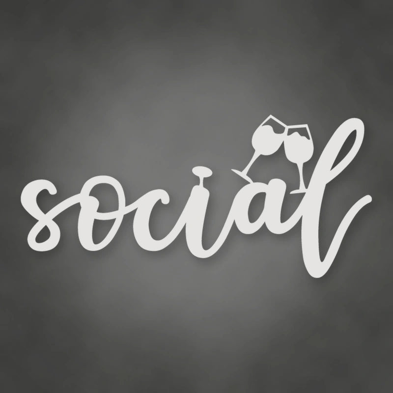 Social With Glasses Metal Script Sign shown in Gloss White powder coat finish.