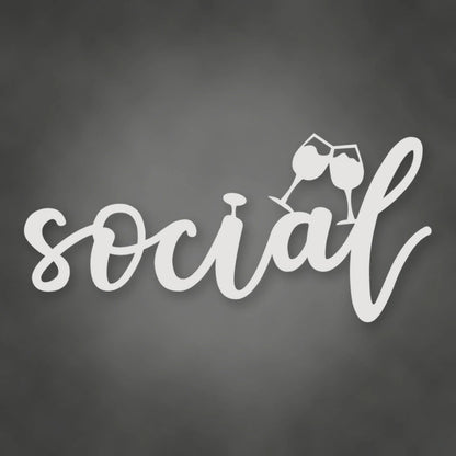 Social With Glasses Metal Script Sign shown in Gloss White powder coat finish.