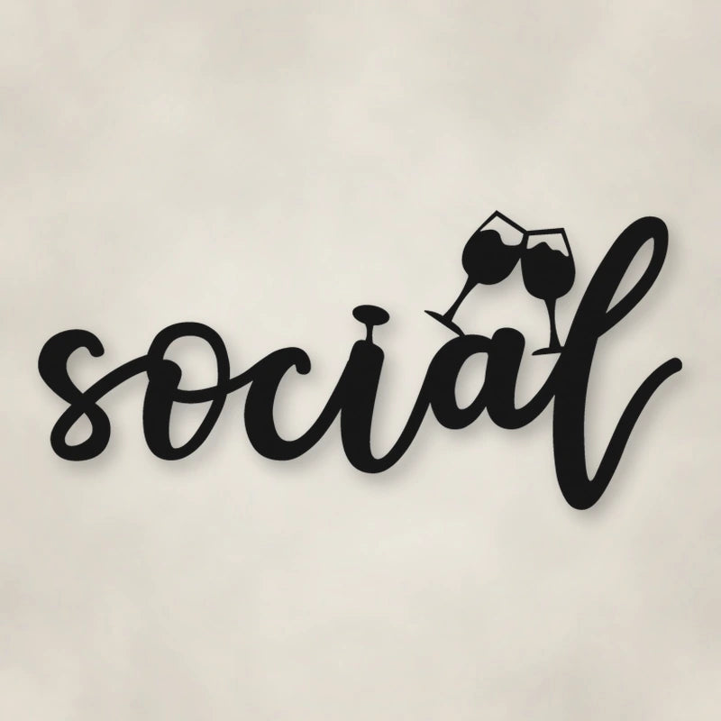 Social With Glasses Metal Script Sign shown in Matte Black powder coat finish.
