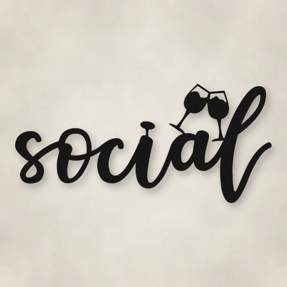 Social With Glasses Metal Script Sign shown in Matte Black powder coat finish.