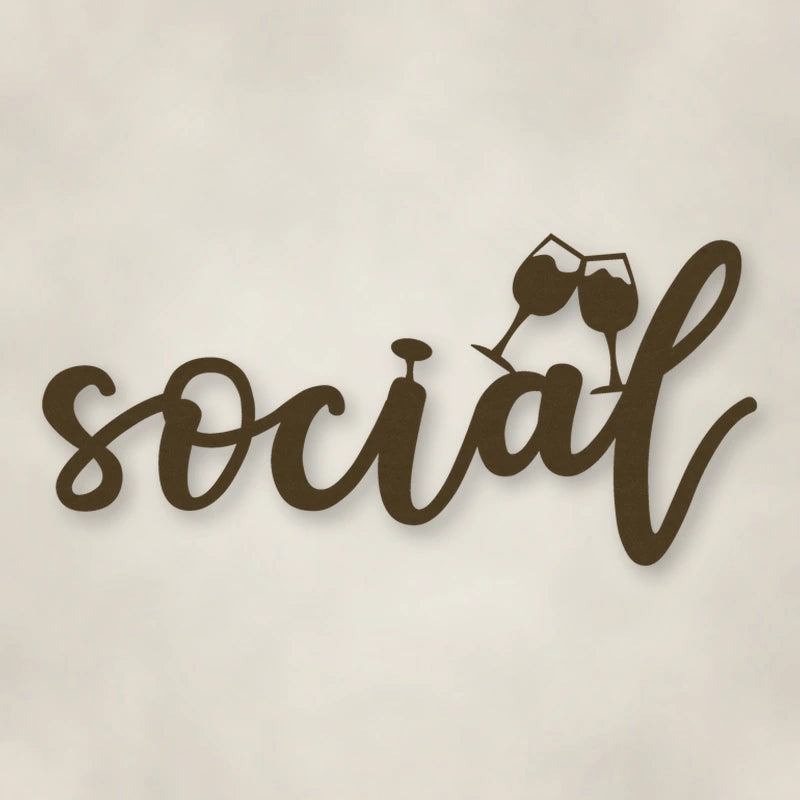 Social With Glasses Metal Script Sign shown in Metallic Bronze powder coat finish.