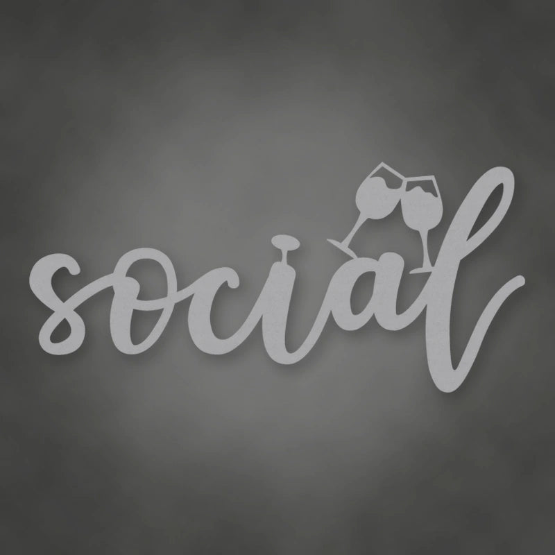 Social With Glasses Metal Script Sign shown in Metallic Silver powder coat finish.