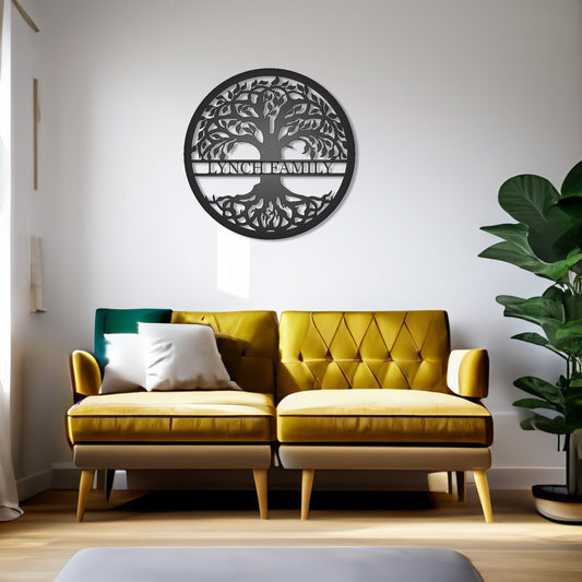 Tree of Life with Personalized Name Metal Sign with "LYNCH FAMILY" personalization in a modern living room on a wall behind a retro looking couch