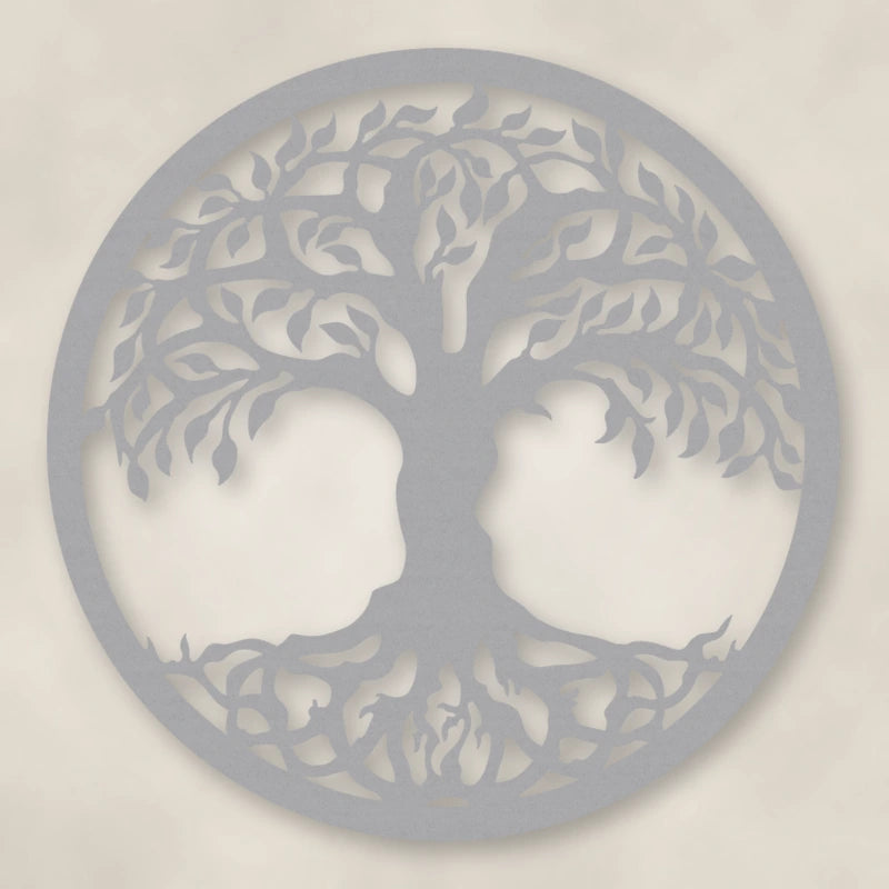 Tree Of Life Metal Sign shown in Metallic Silver powder coat finish.