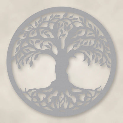 Tree Of Life Metal Sign shown in Metallic Silver powder coat finish.