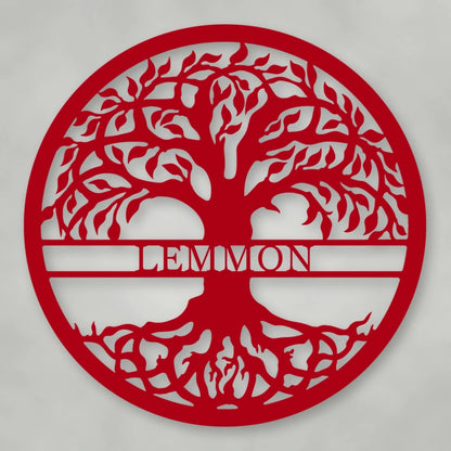 Tree Of Life With Personalized Name Metal Sign shown in Gloss Red powder coat finish.