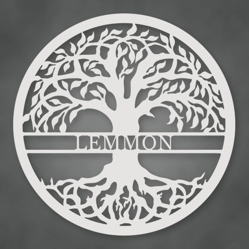 Tree Of Life With Personalized Name Metal Sign shown in Gloss White powder coat finish.