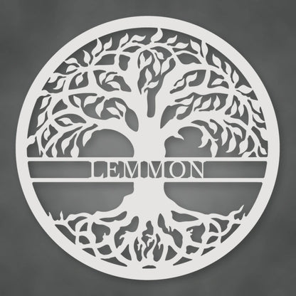 Tree Of Life With Personalized Name Metal Sign shown in Gloss White powder coat finish.