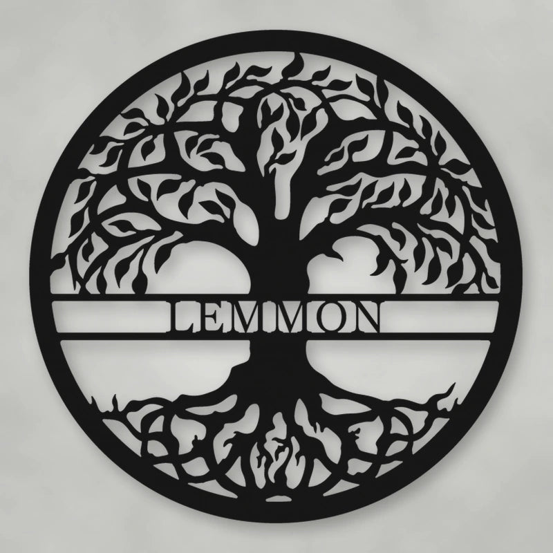 Tree Of Life With Personalized Name Metal Sign shown in Matte Black powder coat finish.