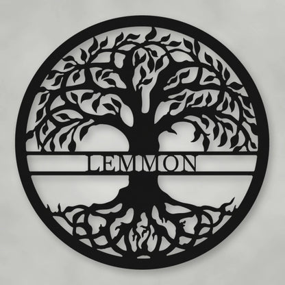 Tree Of Life With Personalized Name Metal Sign shown in Matte Black powder coat finish.