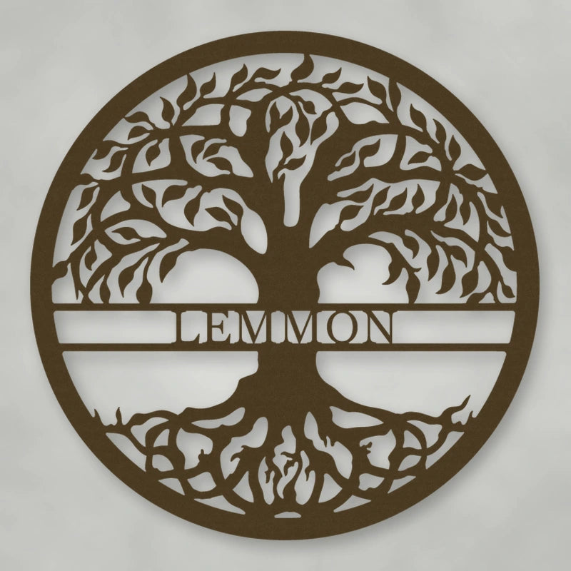 Tree Of Life With Personalized Name Metal Sign shown in Metallic Bronze powder coat finish.