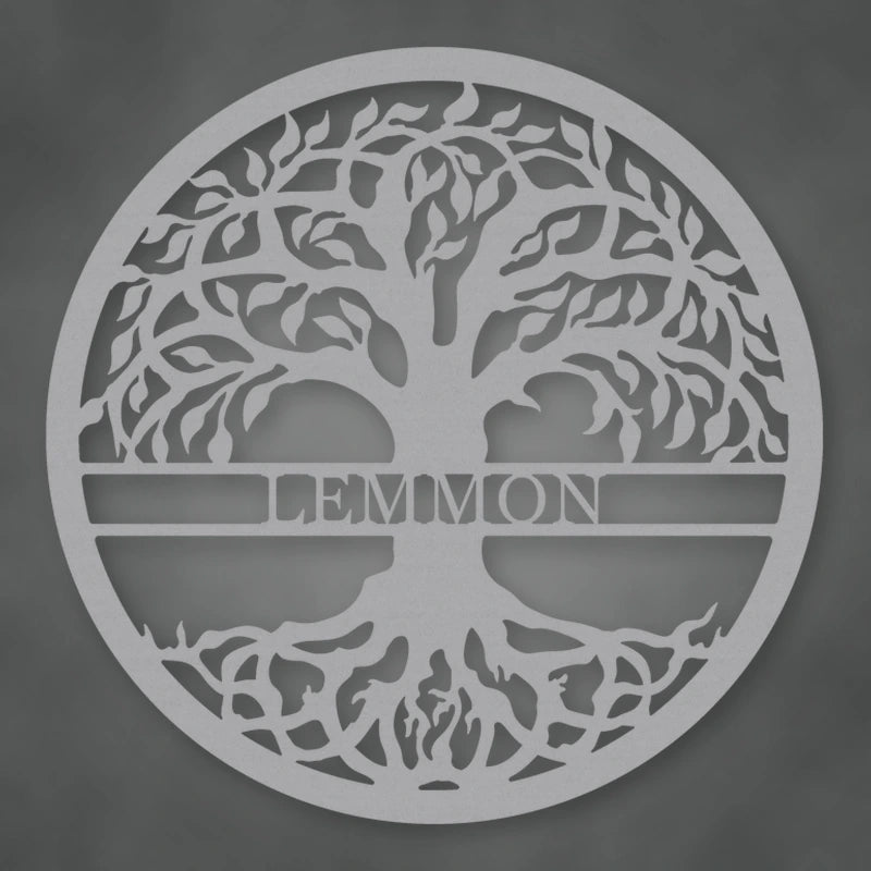 Tree Of Life With Personalized Name Metal Sign shown in Metallic Silver powder coat finish.
