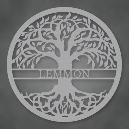 Tree Of Life With Personalized Name Metal Sign shown in Metallic Silver powder coat finish.
