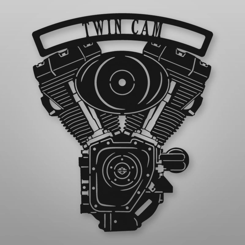 Twin Cam Engine Metal Garage Sign shown in Matte Black powder coat finish.