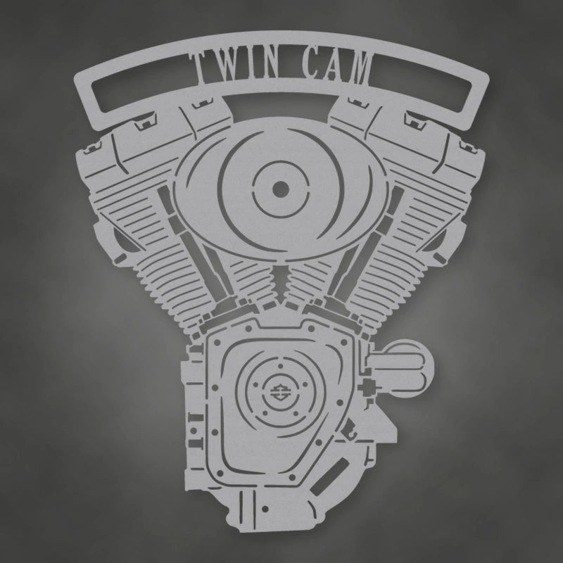 Twin Cam Engine Metal Garage Sign shown in Metallic Silver powder coat finish.