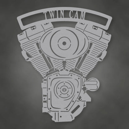 Twin Cam Engine Metal Garage Sign shown in Metallic Silver powder coat finish.