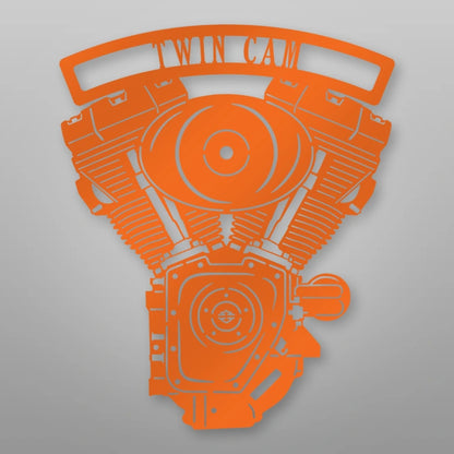 Twin Cam Engine Metal Garage Sign shown in Orange powder coat finish.