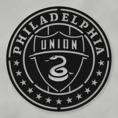 Philadelphia Union Soccer Metal Sign shown in Matte Black powder coat finish.