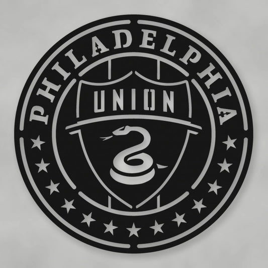 Philadelphia Union Soccer Metal Sign shown in Matte Black powder coat finish.