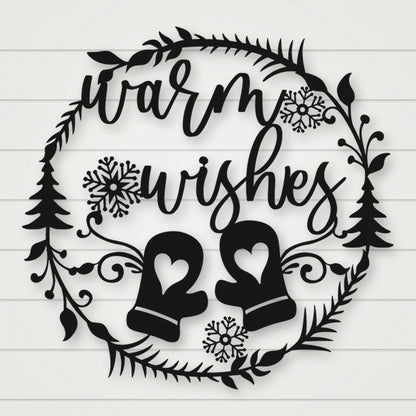 Warm Wishes Holiday Metal Sign shown in Matte Black powder coat finish.