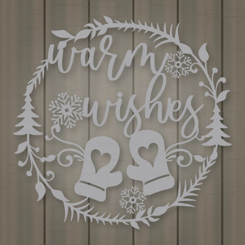 Warm Wishes Holiday Metal Sign shown in Metallic Silver powder coat finish.