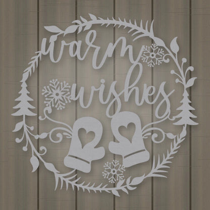 Warm Wishes Holiday Metal Sign shown in Metallic Silver powder coat finish.