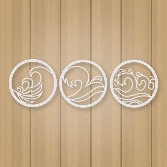 Waves -Set Of 3 Metal Signs shown in Gloss White powder coat finish.