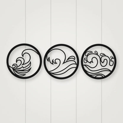 Waves -Set Of 3 Metal Signs shown in Matte Black powder coat finish.